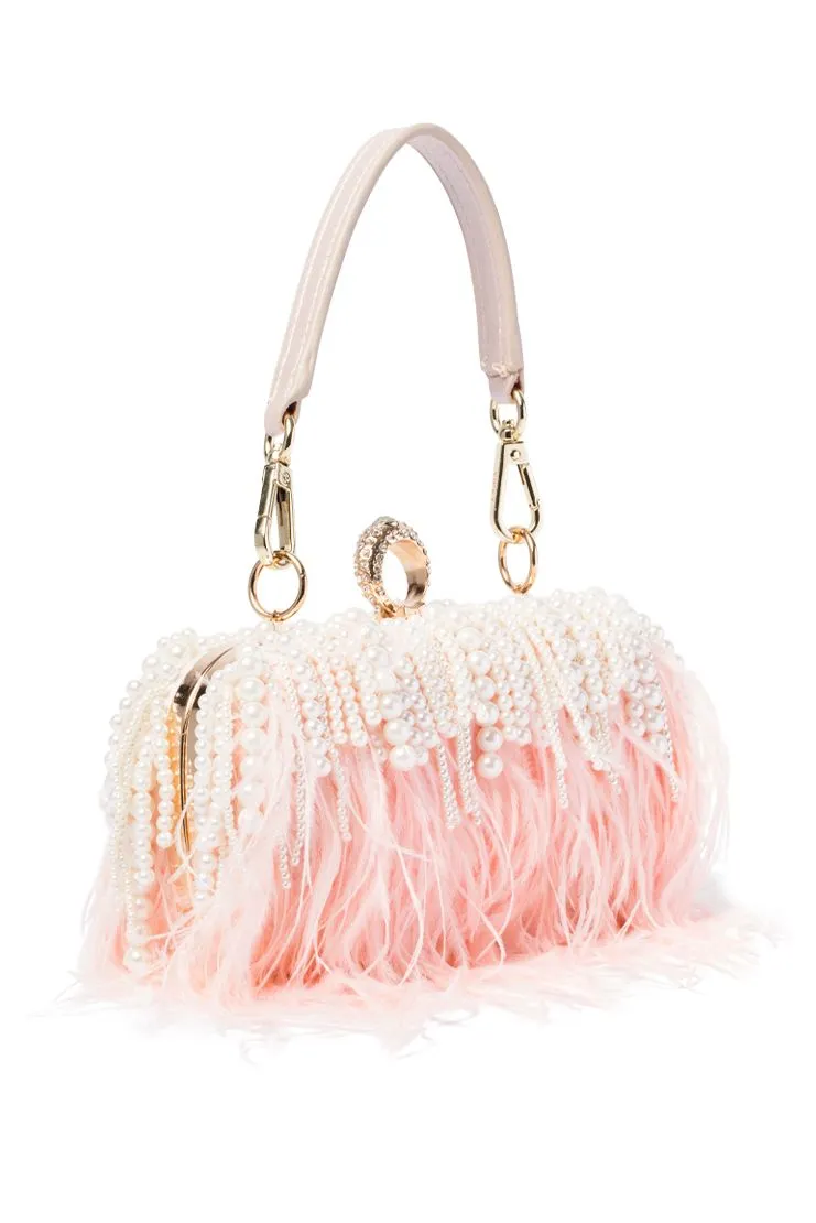 Feather & Waterfall Pearl Clutch - Pink