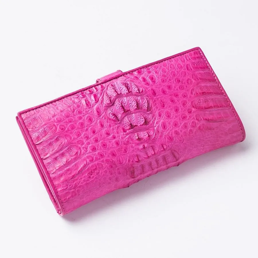 Genuine Rich Pink Crocodile Hornback Skin Long Wallet