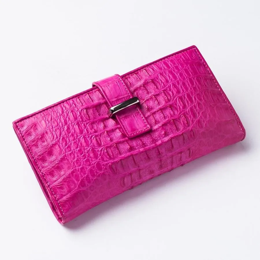 Genuine Rich Pink Crocodile Hornback Skin Long Wallet