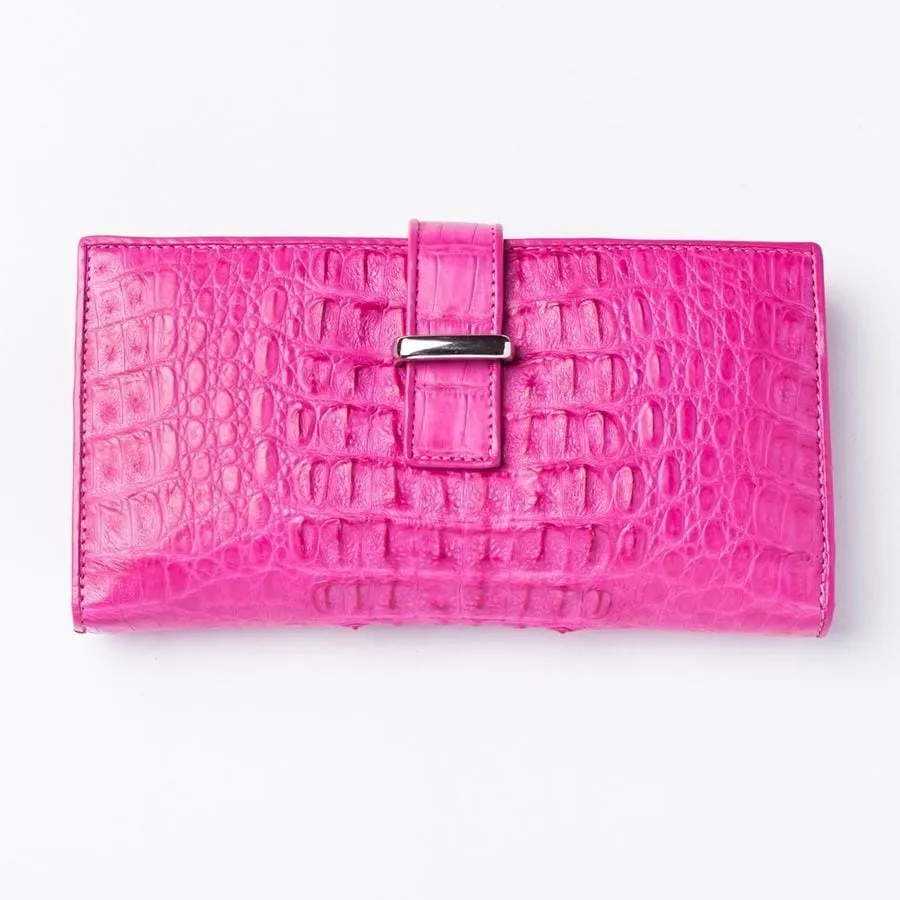 Genuine Rich Pink Crocodile Hornback Skin Long Wallet