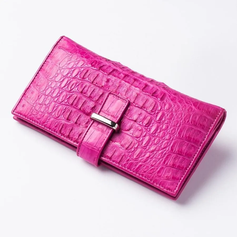 Genuine Rich Pink Crocodile Hornback Skin Long Wallet