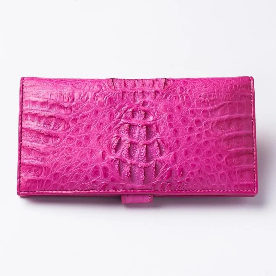 Genuine Rich Pink Crocodile Hornback Skin Long Wallet