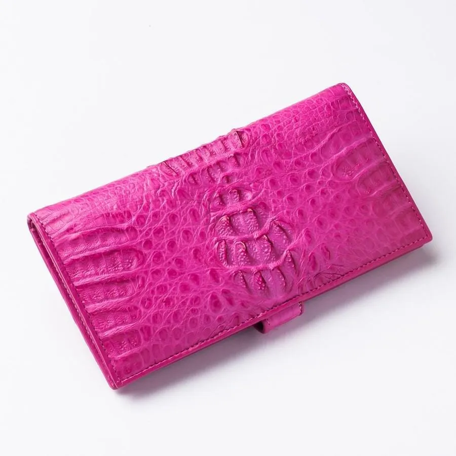 Genuine Rich Pink Crocodile Hornback Skin Long Wallet