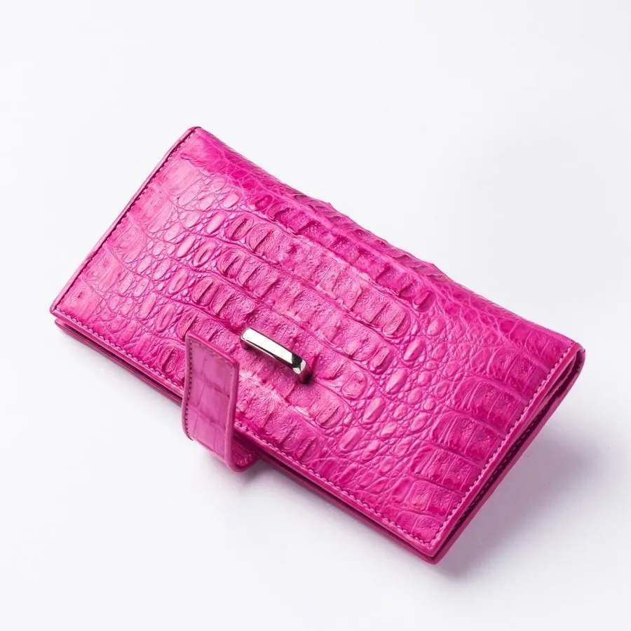 Genuine Rich Pink Crocodile Hornback Skin Long Wallet