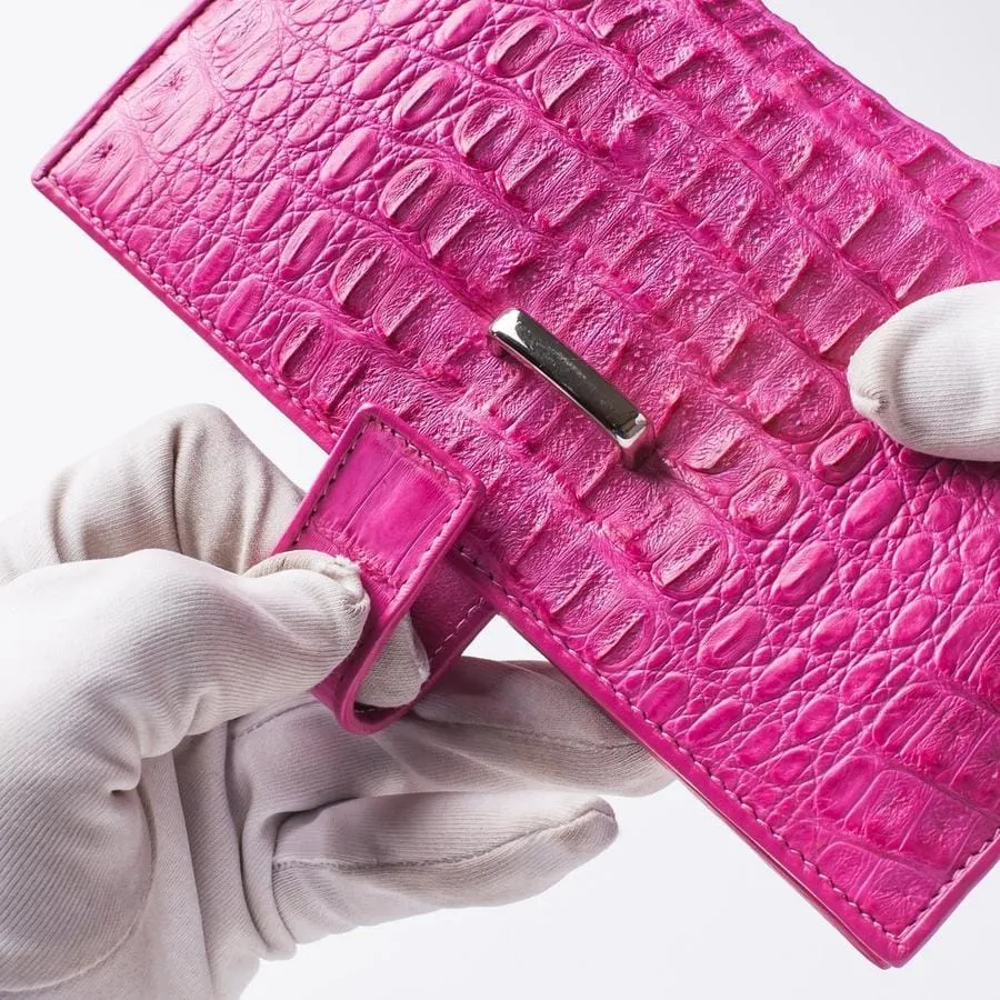 Genuine Rich Pink Crocodile Hornback Skin Long Wallet