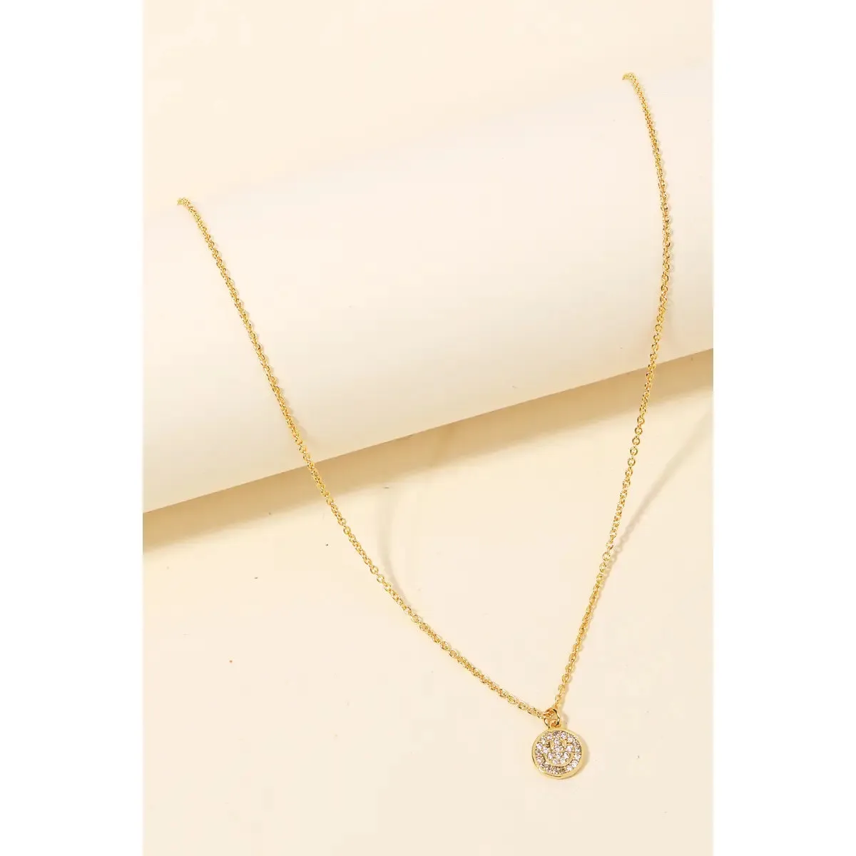 Gold Pave Circle Happy Face Coin Necklace