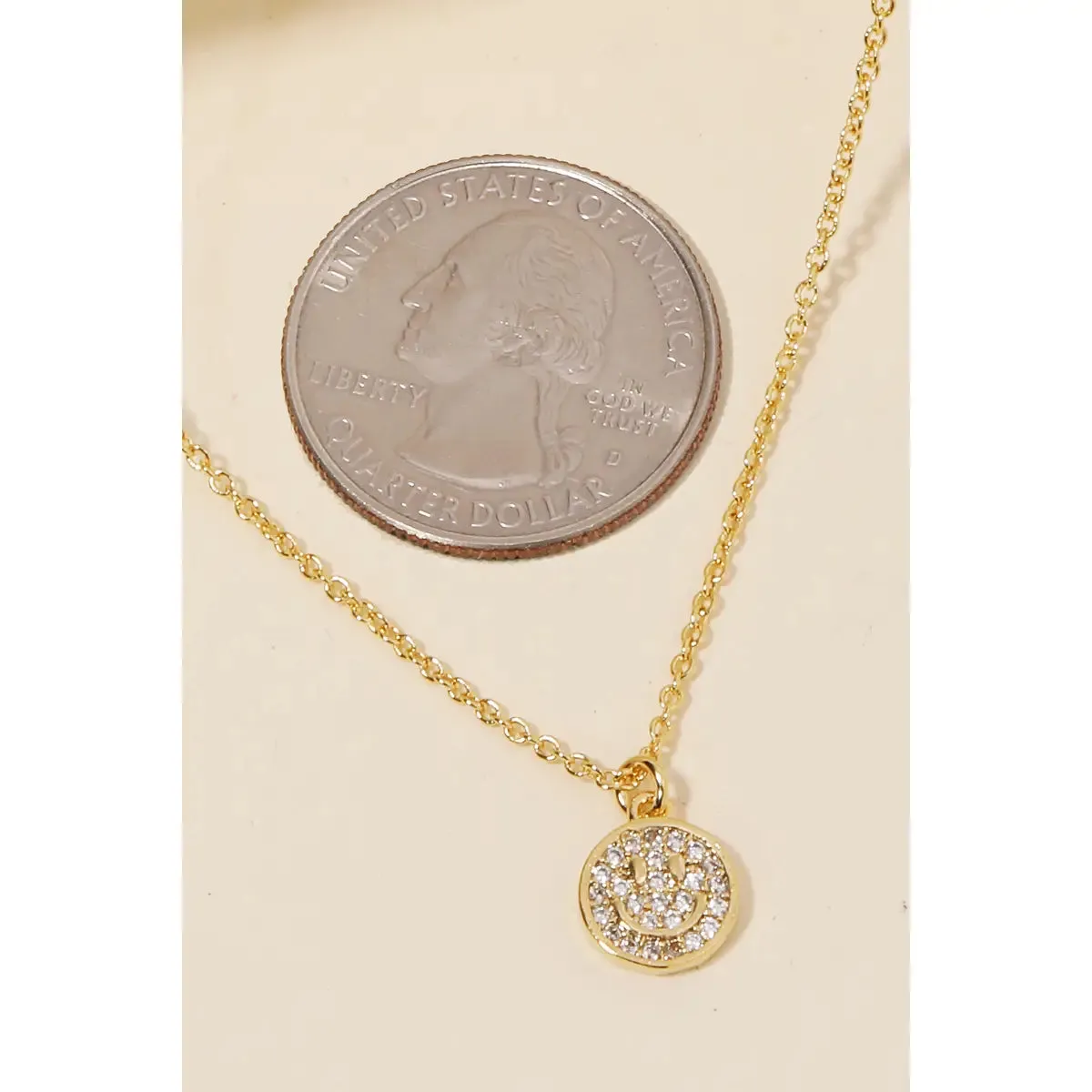 Gold Pave Circle Happy Face Coin Necklace