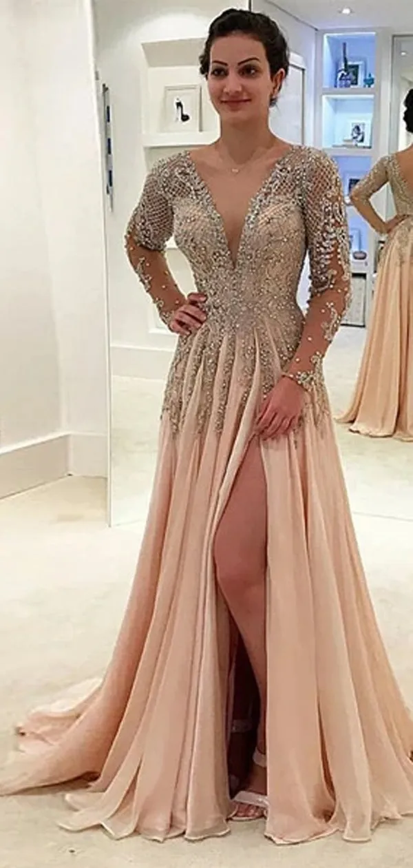 Gorgeous Beaded V-neck V-back Long Sleeve Split Prom Dresses. DB1047