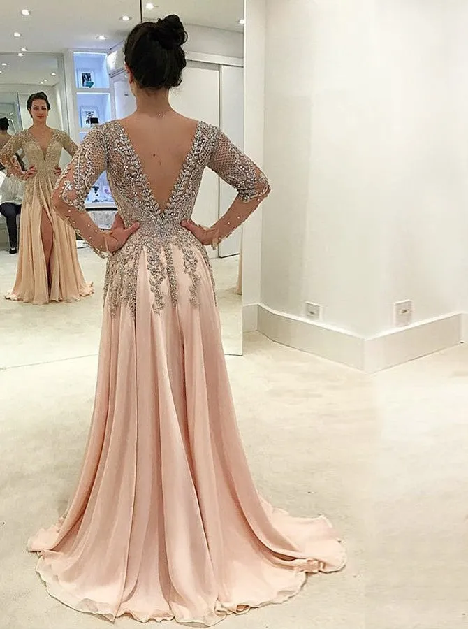 Gorgeous Beaded V-neck V-back Long Sleeve Split Prom Dresses. DB1047