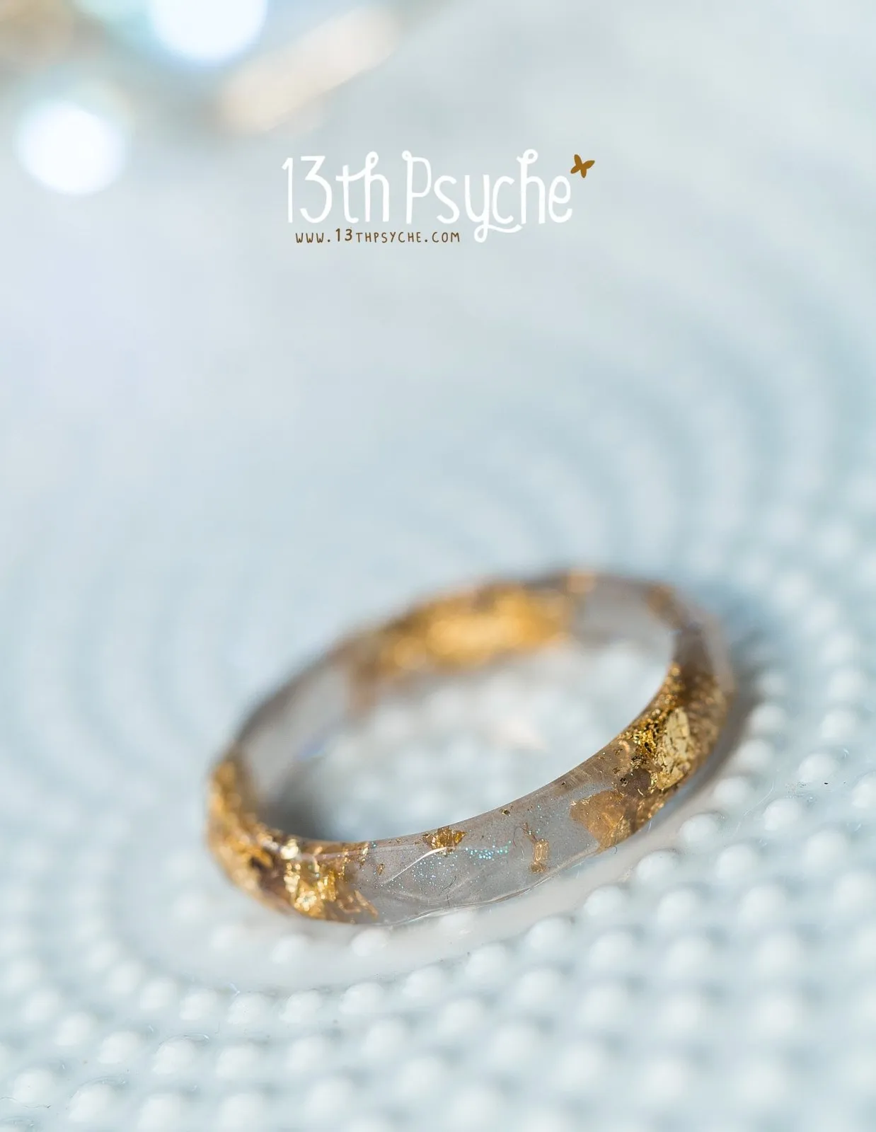 Grey and gold flakes faceted resin ring