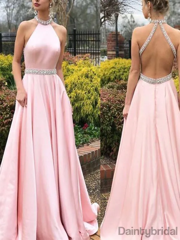 Halter Satin Open Back A-line Long Prom Dresses.DB10193