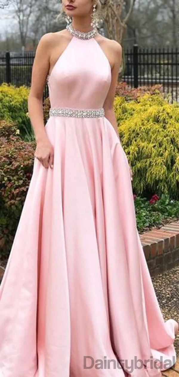 Halter Satin Open Back A-line Long Prom Dresses.DB10193