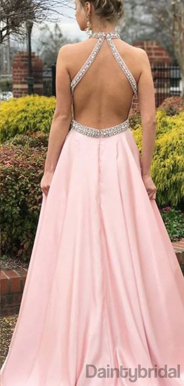 Halter Satin Open Back A-line Long Prom Dresses.DB10193