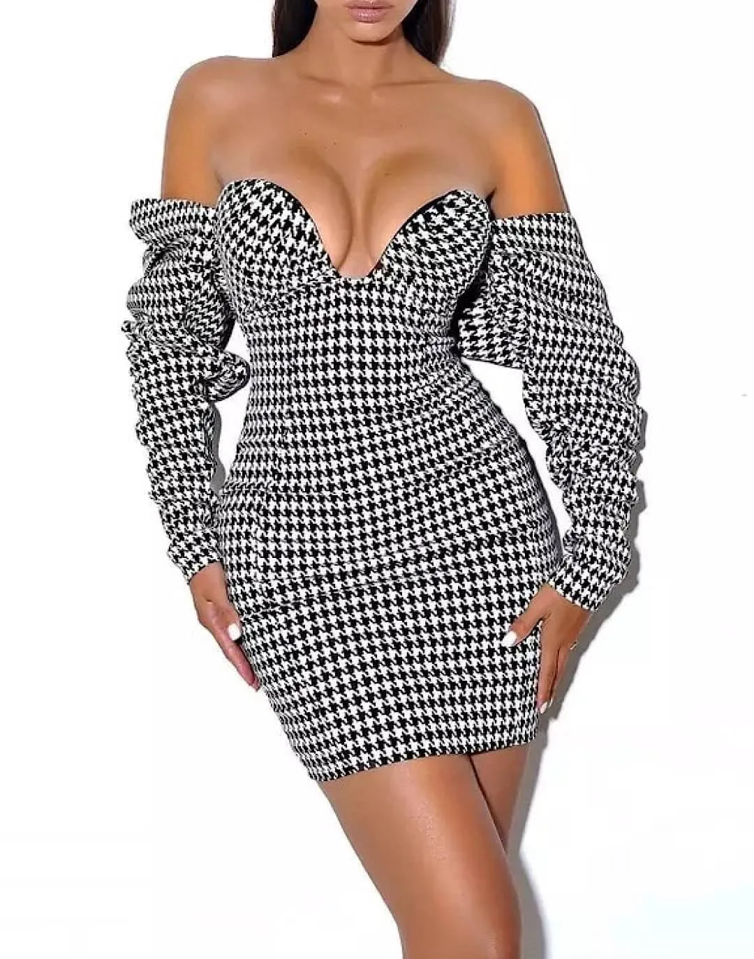 Houndstooth Ruched Sleeve Mini Dress