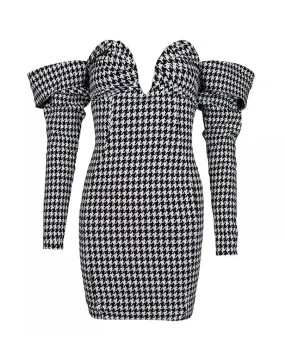 Houndstooth Ruched Sleeve Mini Dress