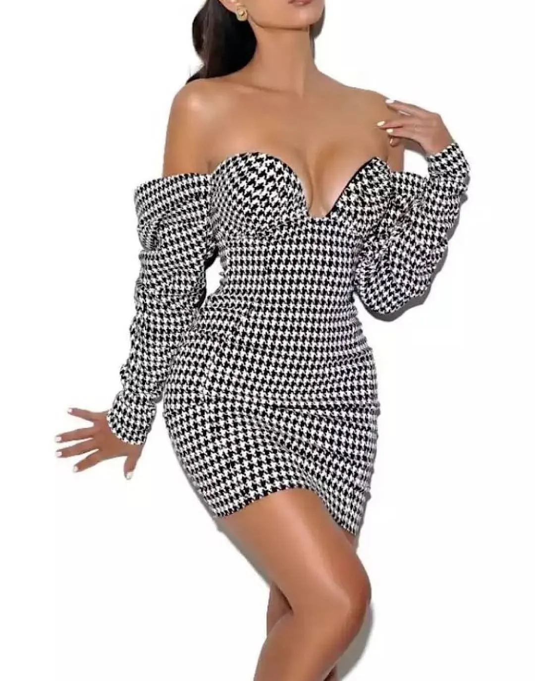 Houndstooth Ruched Sleeve Mini Dress