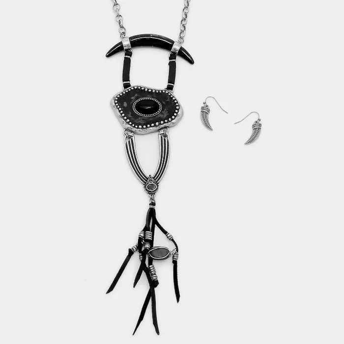 iLLASPARKZ Abstract double horn & faux leather tassel necklace