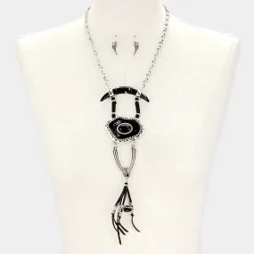 iLLASPARKZ Abstract double horn & faux leather tassel necklace