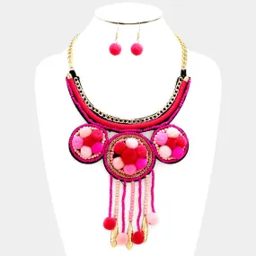 iLLASPARKZ Felt back bead trim pom pom fringe bib necklace