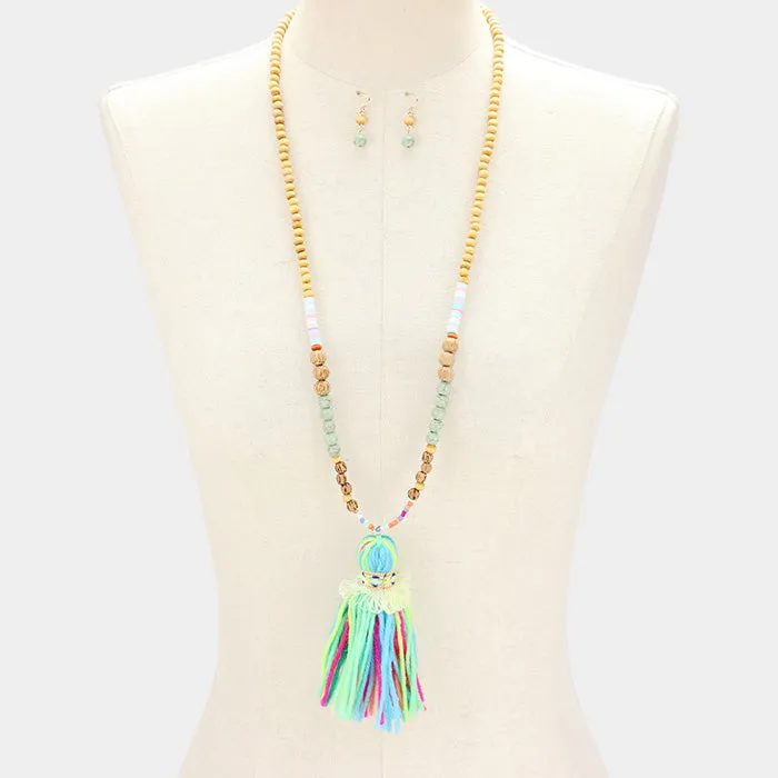 iLLASPARKZ Yarn tassel drop long wood bead strand necklace