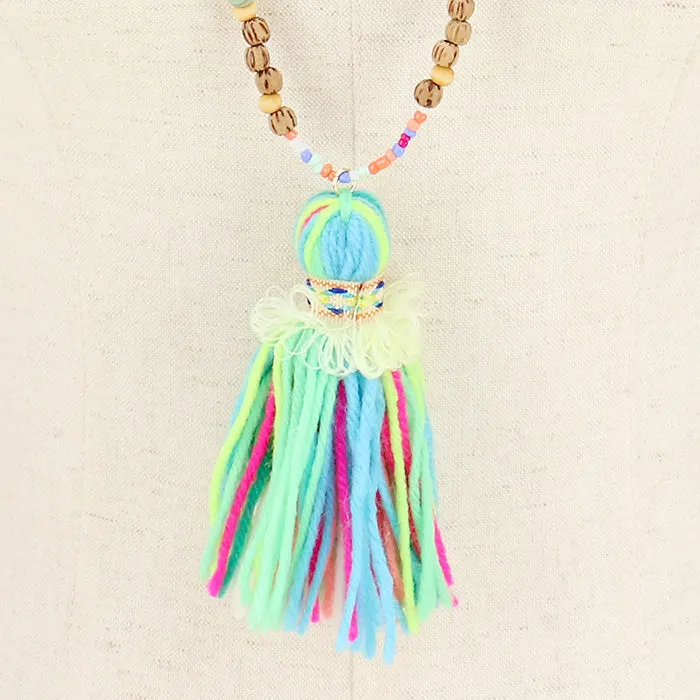 iLLASPARKZ Yarn tassel drop long wood bead strand necklace