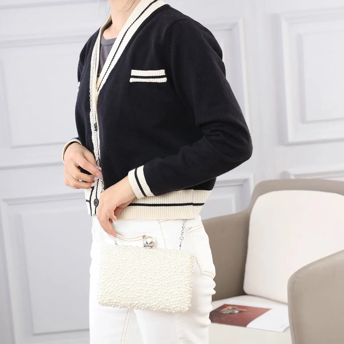 Ivory Pearl Box Design Clutch Bag