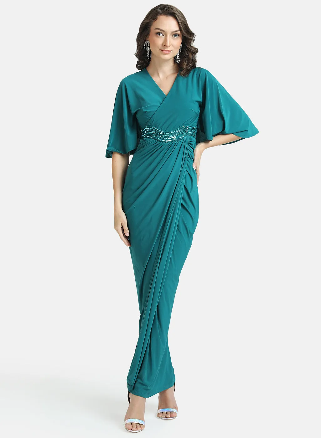 Kazo Green Stretchable Maxi Dress With Drop Shoulder & Embellished Waist