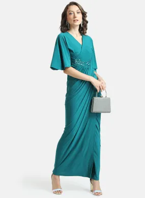 Kazo Green Stretchable Maxi Dress With Drop Shoulder & Embellished Waist