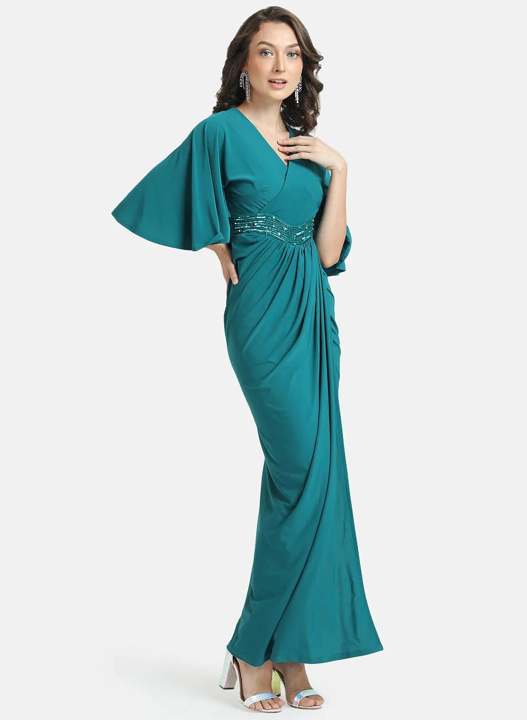 Kazo Green Stretchable Maxi Dress With Drop Shoulder & Embellished Waist