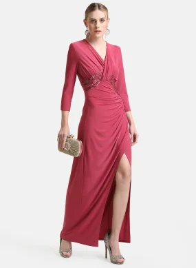 Kazo Purple Stretchable Maxi Dress With Embellished Waist