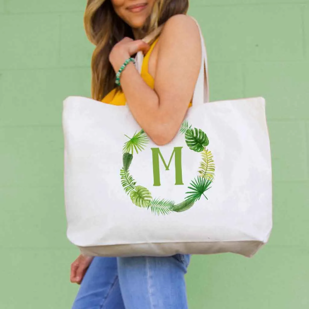 Large Tote Bag Personalized with a Tropical Leaf Design