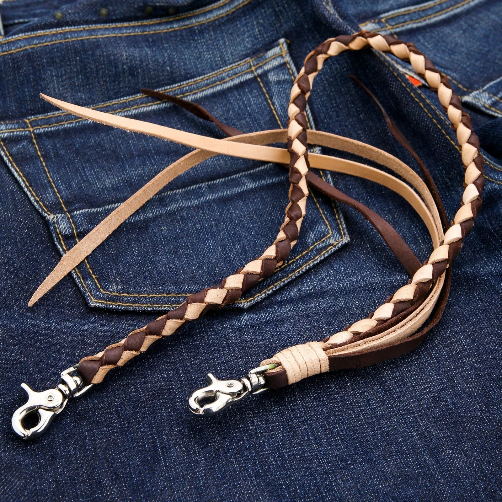 Light Brown Braided Real Cowhide Leather Biker Wallet Chain