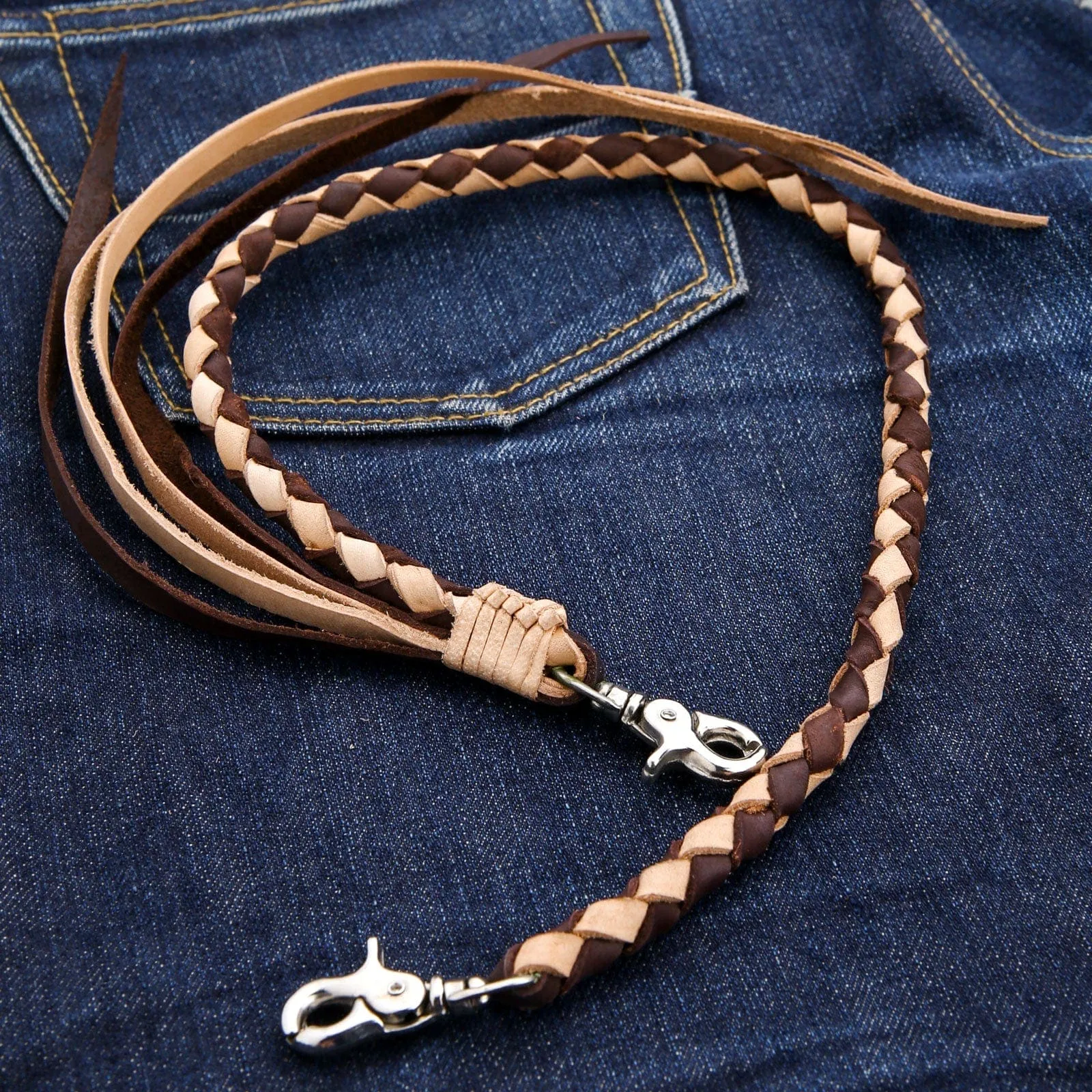 Light Brown Braided Real Cowhide Leather Biker Wallet Chain