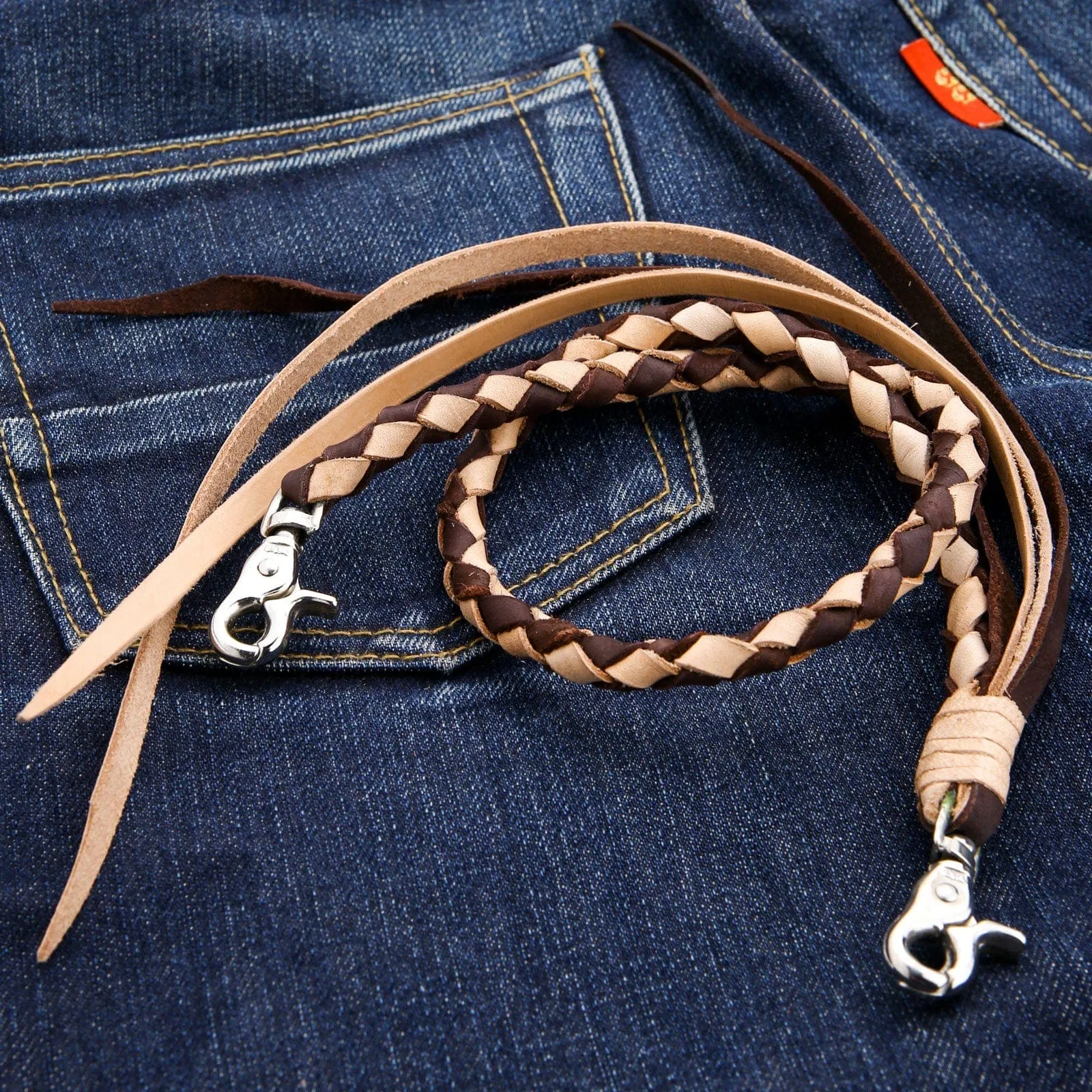 Light Brown Braided Real Cowhide Leather Biker Wallet Chain