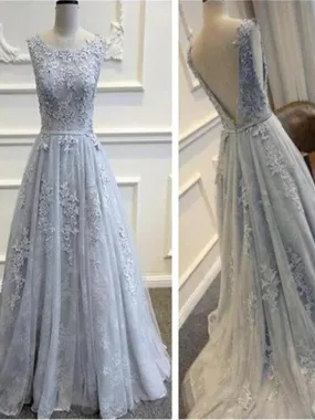 Long Custom Gray V-Back Scoop Tulle With Lace Appliques High School Party Prom Dresses ,PD0083