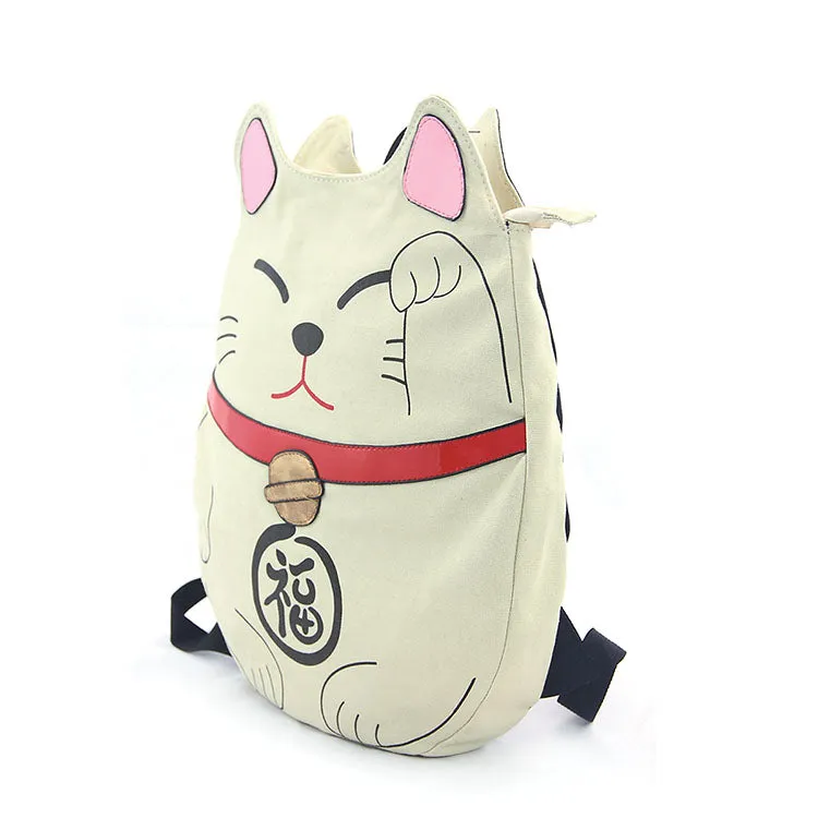 Lucky Cat Canvas Backpack-Biege