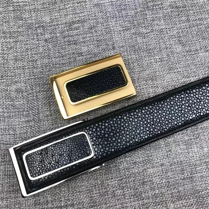 Men's Stingray Skin Leather Fancy Strap Stainless Steel Pin Buckle Waist Belt