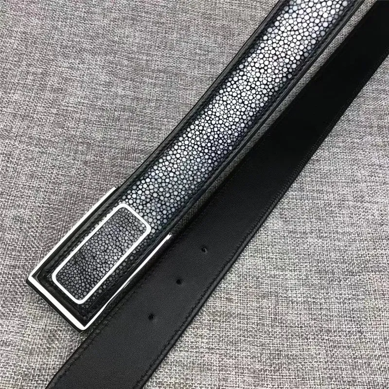 Men's Stingray Skin Leather Fancy Strap Stainless Steel Pin Buckle Waist Belt