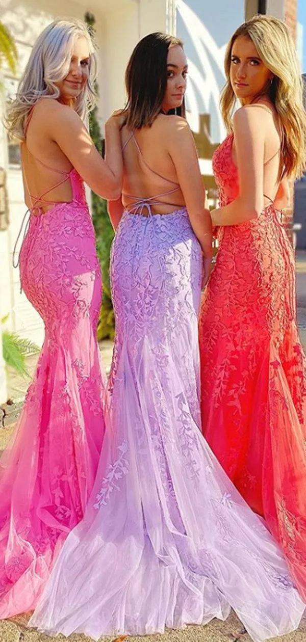 Mermaid V-neck Tulle With Appliques Open Back Long Prom Dresses Evening Dresses.DB10249