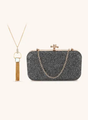 Metallic Clutch Bag With Necklace Set