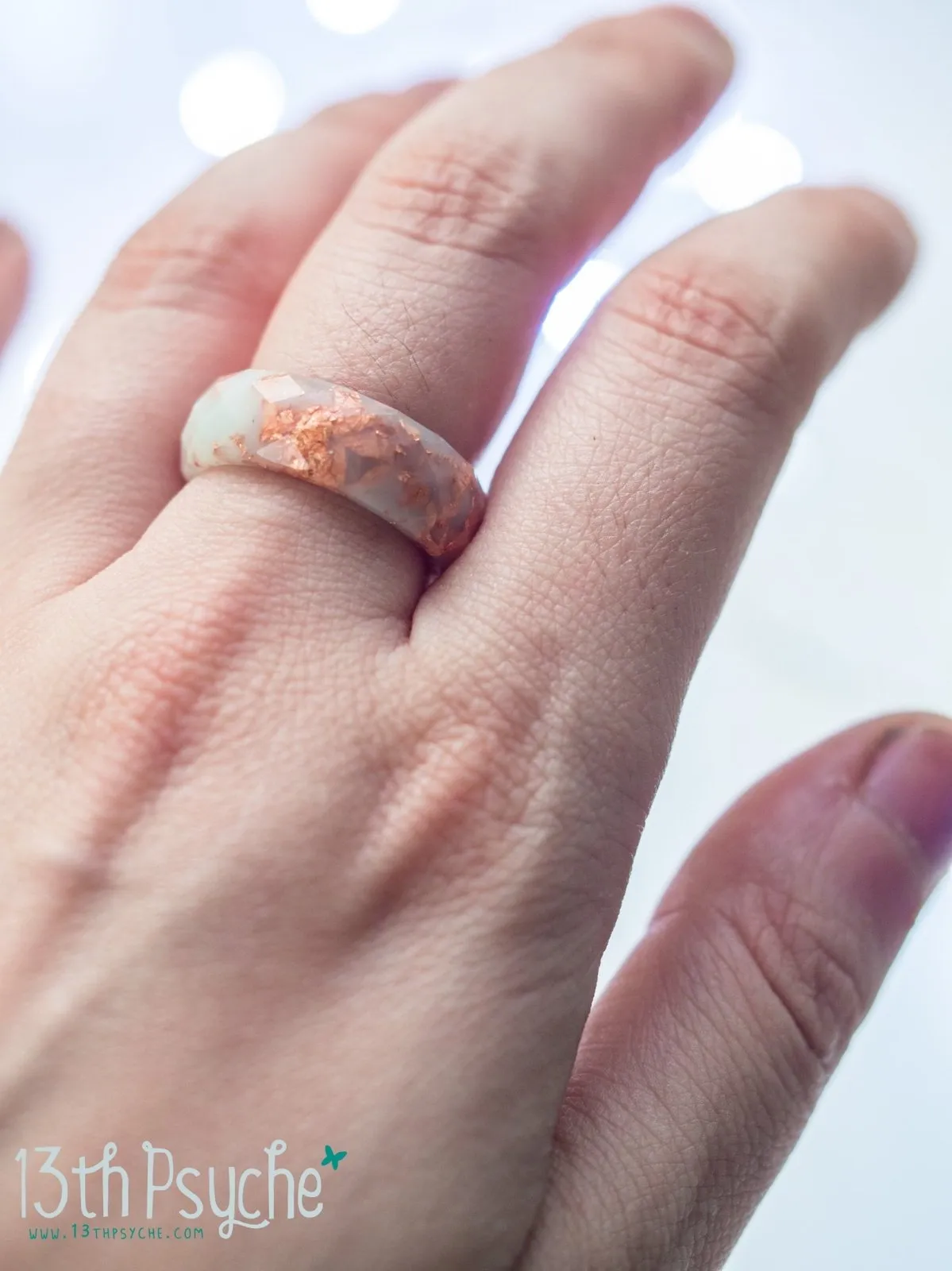 Milky green and rose gold flakes faceted resin ring