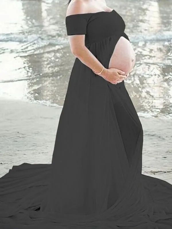 Momnfancy Front Slit Bandeau Off Shoulder Draped Maternity Maxi Dress