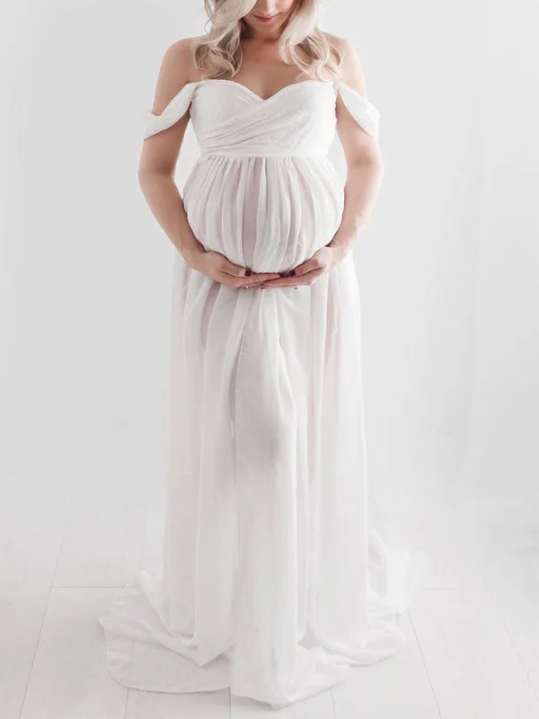 Momnfancy Slit Off Shoulder Photoshot Flowy Maxi Maternity Dress