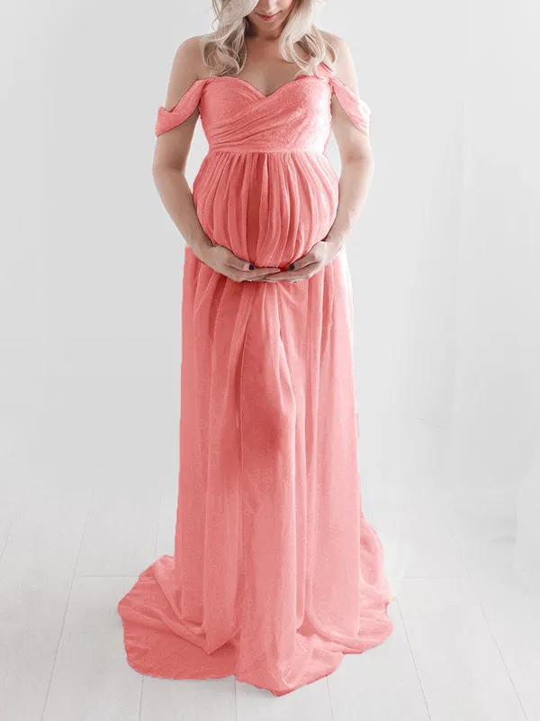 Momnfancy Slit Off Shoulder Photoshot Flowy Maxi Maternity Dress