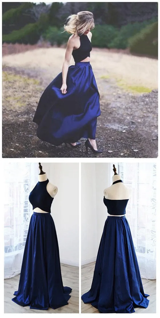 New Arrival Two Pieces Halter Navy Graduation Party A-line Ball Gown Evening Party Prom Dress.PD0067