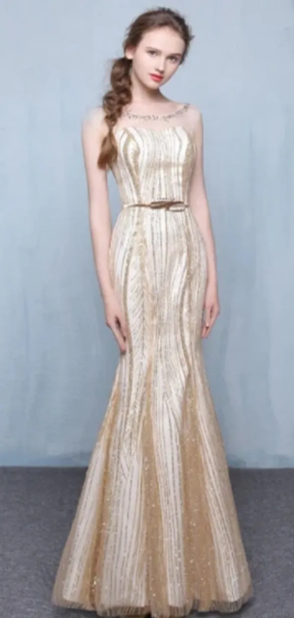 Newest Fashion Shining Sparkly Golden Sequins Elegant Mermaid Round Neck Long Prom Dresses. DB1027