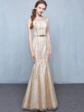 Newest Fashion Shining Sparkly Golden Sequins Elegant Mermaid Round Neck Long Prom Dresses. DB1027