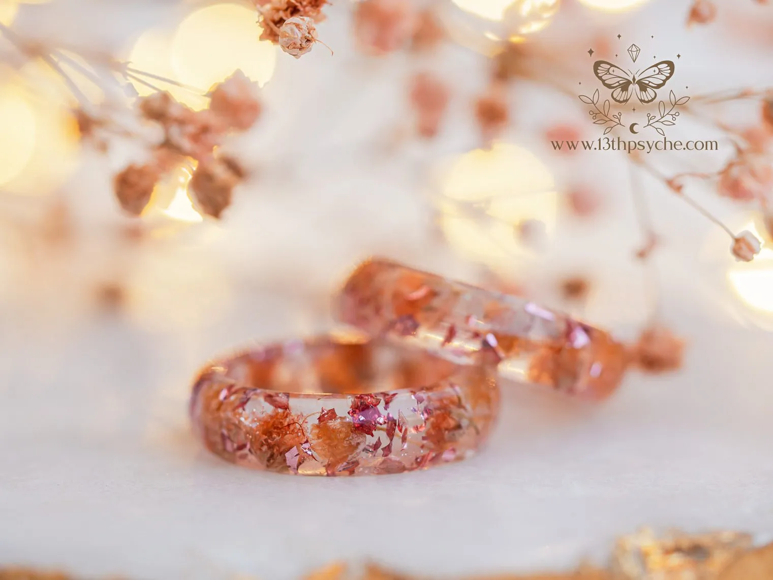 Orange baby's breath flowers resin ring