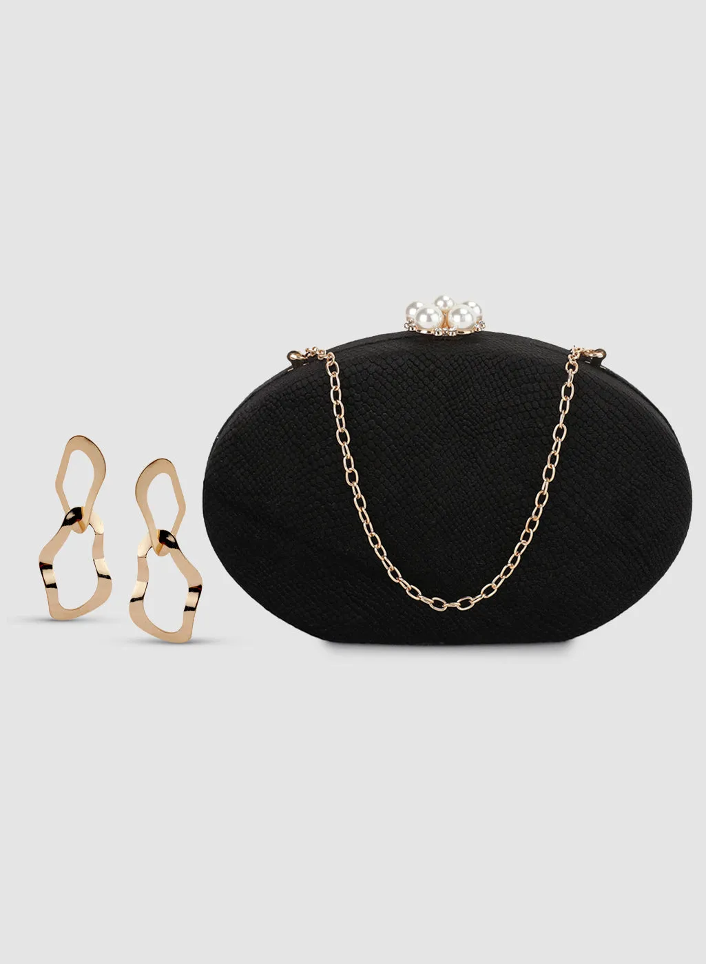 Oval Shaped Clutch Bag With Gold Earring Set