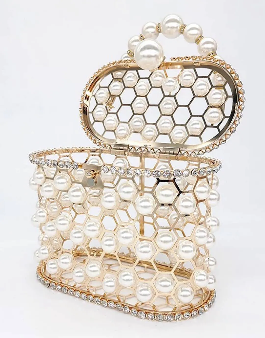 Pearled and Crystallized Cage Handle Clutch